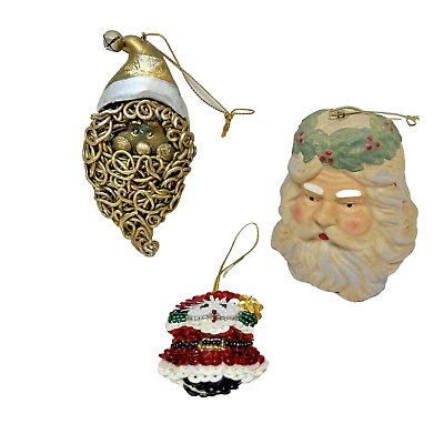 #ad Vintage Lot 3 Santa Claus Christmas Ornaments Spaghetti Polymer Porcelain Sequin $11.78