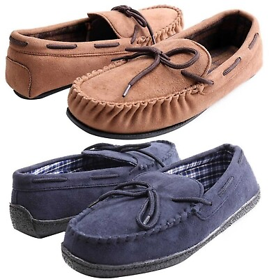 #ad Mens Moccasin Slippers Memory Foam Indoor Outdoor Suede House Shoes Size $12.88