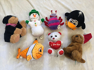 #ad Assorted Lot Of 7 Stuffed Toys Small Dogs Fish Snowman Bear Bug Penguin $8.00