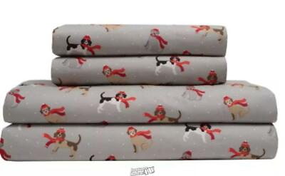 #ad Holly Jolly Microfiber Sheets Set Winter Tails Grey Queen Holiday Dogs Christmas $32.99