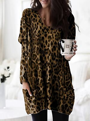 #ad Womens Leopard Long Sleeve Pullover Tops Casual Round Neck Tunic Blouses T shirt $17.94