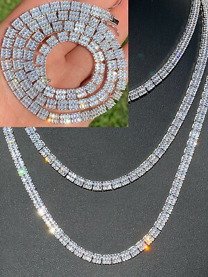 #ad SOLID 925 Sterling Silver Baguette Tennis Chain ICED CZ Necklace 5mm Hip Hop $287.80