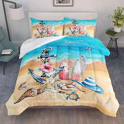 #ad AILONEN Tropical Beach Bedding Set Twin Size with Boat Anchor Twin Beach2 $72.45