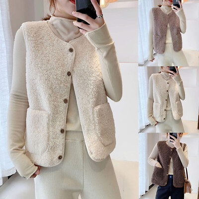 #ad Women Fleece Lamb Vest Coat Sleeveless Button Jacket Waistcoat Gilet Warm Vest GBP 3.66