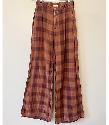 #ad Free People X CP Shades Wide Leg Double Cotton Gauze Pants XS Plaid Brown $150.00
