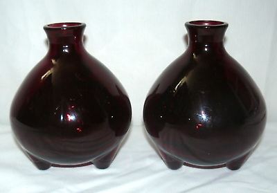#ad Eco Green Set of 2 Red Recycled Glass Vases 3 Footed Round Bottles $67.42