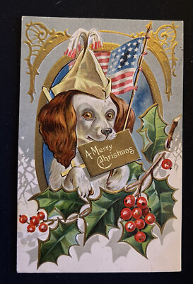 Christmas *Cute Puppy Dog with USA Flag* Vintage Patriotic Postcard b319 $9.89