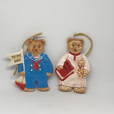 #ad 1983 Gordon Fraser SCHMID Ceramic Teddy Bear Set Of 2 To My Dad Mom Ornament $18.99