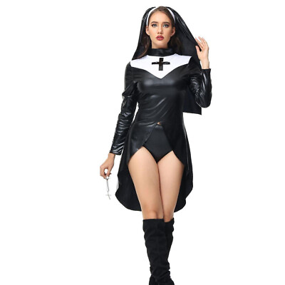 #ad Sexy Women#x27;s Black Nun Dress Halloween Ladies Nurse Dress Slim Cosplay Dress $29.99