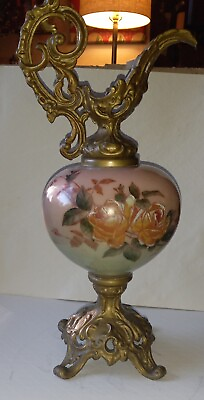 #ad 14quot; Tall Brass and Porcelain Handpainted Antique Victorian Mantle Ewer # 02 106 $65.00