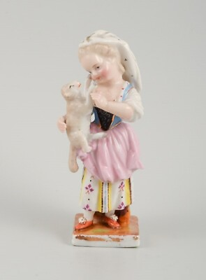 #ad Porcelain figurine Meissen similar stamp. Girl with a lamb late 19th C. $300.00