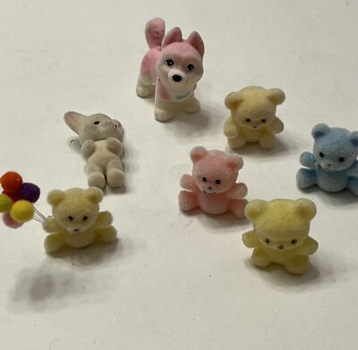 #ad 7 Miniature Flocked Animals 1970s Bears Bunny Puppy Dog Cake Toppers $10.25