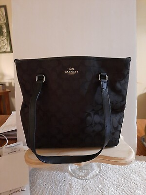 #ad Coach NY Black Logo Canvas Handbag Purse Double Strap Zippered Inner Pockets $50.00