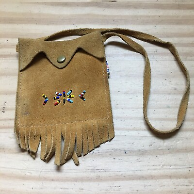 #ad Vintage 70s Cute Mini Leather Pouch W Tassel Color Bead 5.5quot;H x4quot;W Made in USA $12.99