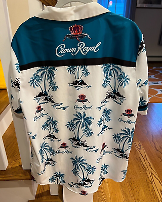 #ad Crown Royal Mens XL Casual Hawaiian Camp Shirt White Teal Palm Trees Size XL $19.95
