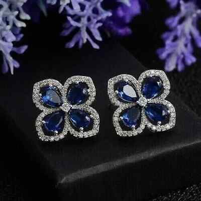 #ad 2.20 Ct Pear Cut Simulated Sapphire Halo Charming Earrings 14k White Gold Plated $97.17