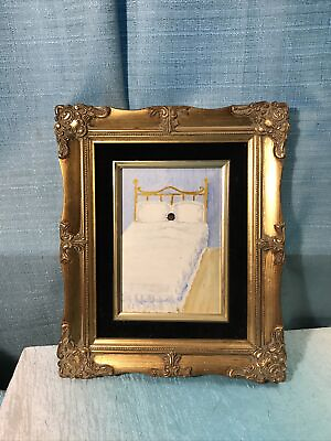 Vintage Original Oil Painting in Fancy Ornate Gold Frame 9.5x12 Baby in Big Bed $48.99
