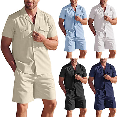 #ad Mens Solid Short Sleeve T ShirtShorts 2PCS Outfits Set Summer Work Casual Tops $32.86