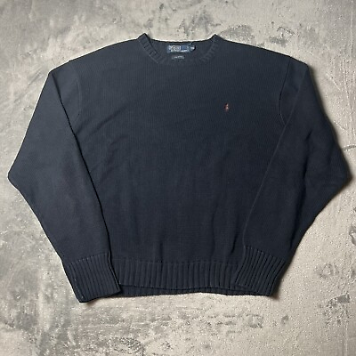 #ad VINTAGE Polo Ralph Lauren Sweater Adult 2XL XXL Blue Rib Knit Small Pony Cotton $34.88