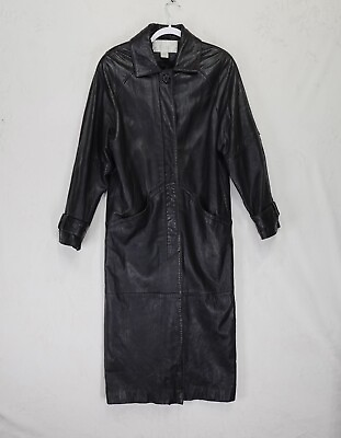 #ad The Limited Leather Trench Coat Womens XS Black Midi Shoulder Pads VTG 80s 90s $42.70