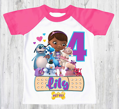 #ad Doc Mc Stuffins Custom Birthday T shirt Raglan kids size 4 Pink Sleeve $17.99