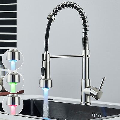 #ad LED Kitchen Sink Faucet Swivel Mixer Tap with Pull Down Sprayer Brushed Nickel $32.00