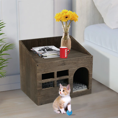 #ad Durable Wooden Cat Cave Bed Furniture Kitten Sleep Lounge House Bed with Cushion $106.99