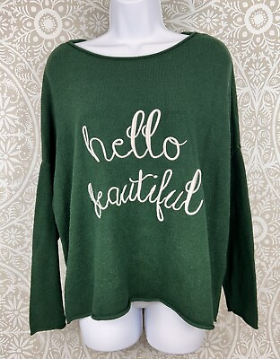 #ad Gilli Green Hello Beautiful Embroidered 3 4 Sleeve Knit Short Sweater Size 1X $15.00