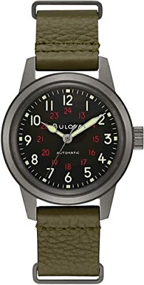 Bulova Hack Men#x27;s Automatic Military Green Leather Strap Watch 38MM 98A255 $165.99