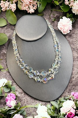 #ad 1950S Aurora Borealis Glass Crystal Beaded 2 Strand Flower Girl Necklace 14 16 $30.00