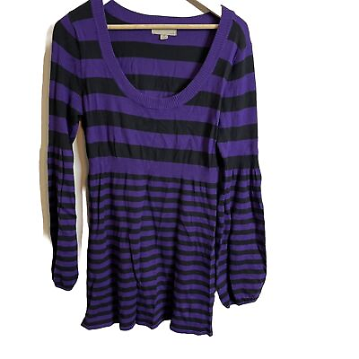 #ad One A Sweater Womens Purple Black Stripe Gathered Waist Tunic Size M Pullover $9.72