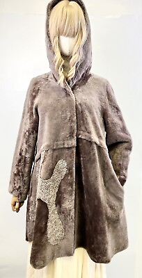 #ad Women Brown Genuine Sheepskin Hooded Path worked Pattern Coat US S Chest 41.5#x27;#x27; $155.00