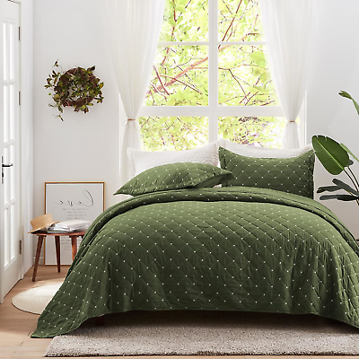 #ad SunStyle Home Quilt Set Full Queen Olive Green Lightweight Bedspread Coverlet 3 $64.60