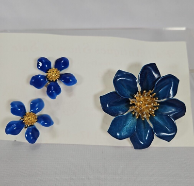 #ad Vintage Blue Enamel Flower Pin Brooch amp; Clip on Earrings Set Mid Century $19.00