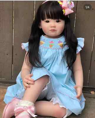 #ad 30quot; Reborn Toddler Girl Doll Rooted Long Black Hair Lifelike Soft Body Toy Gift $194.99