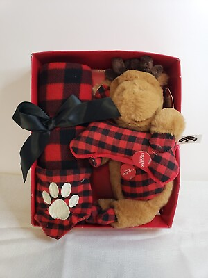 #ad Dog Gift Set Plaid Squeaky Toys Bandana Throw Blanket 30in by 40in Moose Toy NIB $9.89