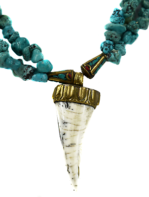 #ad Tibetan Necklace Turquoise Stone Beads 3 Strand Chank Pendant $72.00