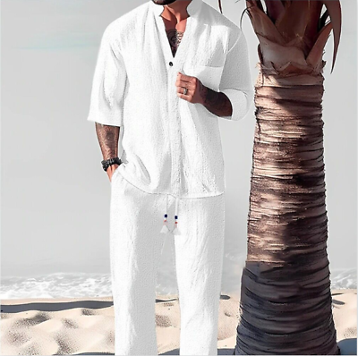 #ad Men Linen Outfit 2 Piece Set Half Sleeve Button Shirt and Pants Sweatsuit Set $28.98