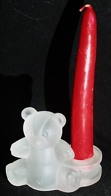 #ad Vtg Unmarked Frosted Glas Crystal Teddy Bear Taper Candle Holder $9.95