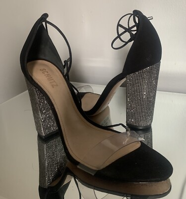#ad SCHUTZ Anahe Ankle Tie Black Clear Designer Evening Sandals 6 $80.00