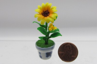 #ad Dollhouse Miniature Blooming Sunflower in White and Blue Pot G7493 $8.09