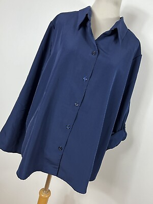 #ad New Roamans 22W Shirt Top Navy Blue Button Front Long Sleeve 2X Collar Womens V2 $22.20