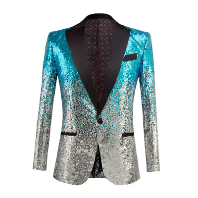 #ad Men Suit Blazer Coat Wedding Party Two Tone Gradient Color Shiny Sequin Jacket $68.55