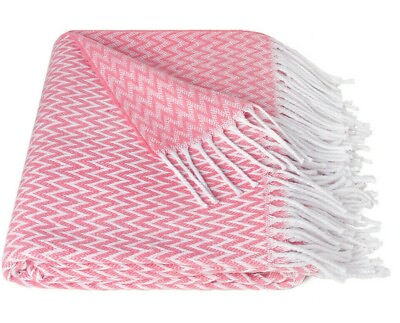 #ad Pink Herringbone Throw Blanket Cotton Blend Soft Fringed 55x79 Ukraine $39.95