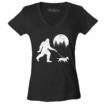 Bigfoot Walking Wiener Dog Women#x27;s V Neck T shirt Funny Sasquatch Dachshund Tee $14.99