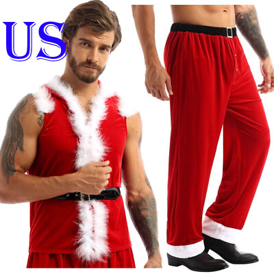 #ad US XMAS Mens Santa Claus Outfit Velvet Hooded Coat Sleeveless Vests Long Pants $22.64