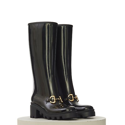 #ad GUCCI 850$ Women#x27;s Black Knee High Rubber Boot Horsebit Detail $437.50