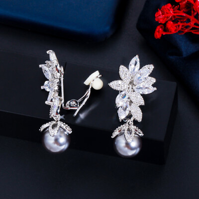 #ad Elegant CZ Lady Leaf Dangle Gray Pearl Drop Clip On Earings For Non Pierced Ears C $9.78