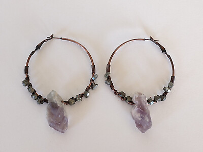 #ad Earrings Wire Wrapped Amethyst Stone Hoops Women#x27;s Accessories Handmade Jewelry $16.95