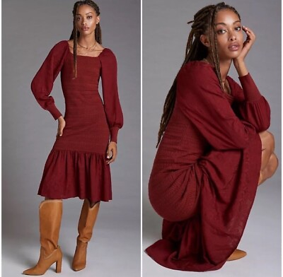 #ad Anthropologie XS Smocked Puff Sleeve Midi Dress Red Bodycon Ruffle Long Sleeve $44.99